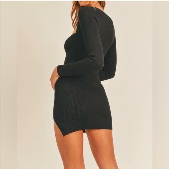MABLE Ribbed Mini Black Sweater Dress Size L Sweetheart Neckline Party Bodycon - Picture 4 of 7
